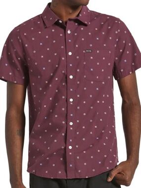 Brixton Maroon Short-Sleeve Button-Down Shirt with Micro Motif
